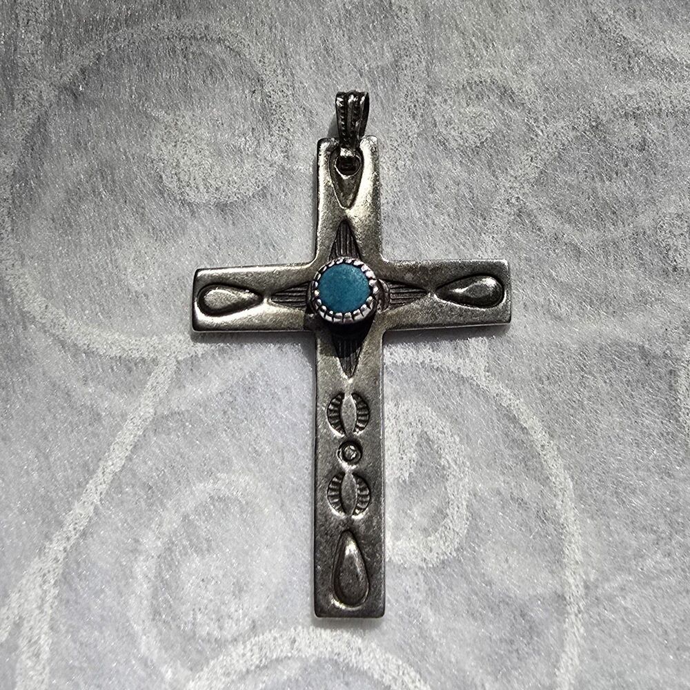 Vintage Navajo Sterling Silver Turquoise Cross Pendant Native American 1.94g